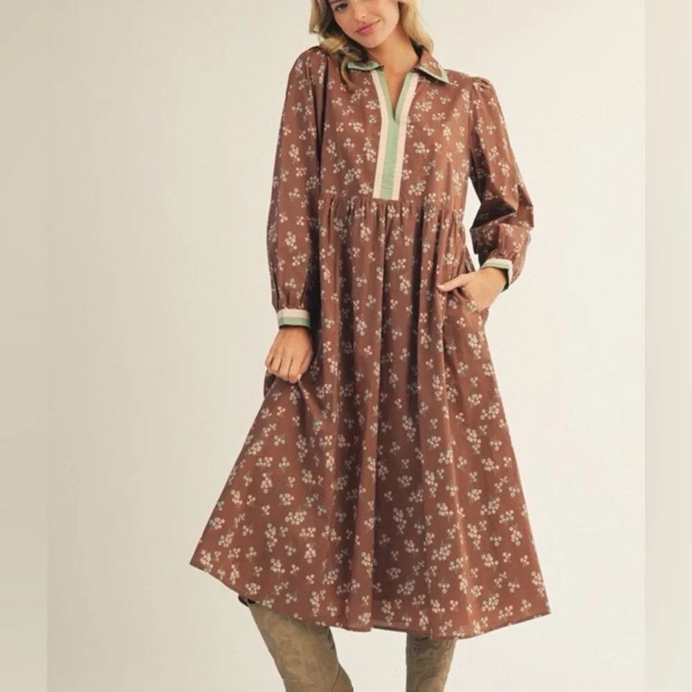 JODIFL Brown Floral Long Sleeve Dress - Picture 1 of 1
